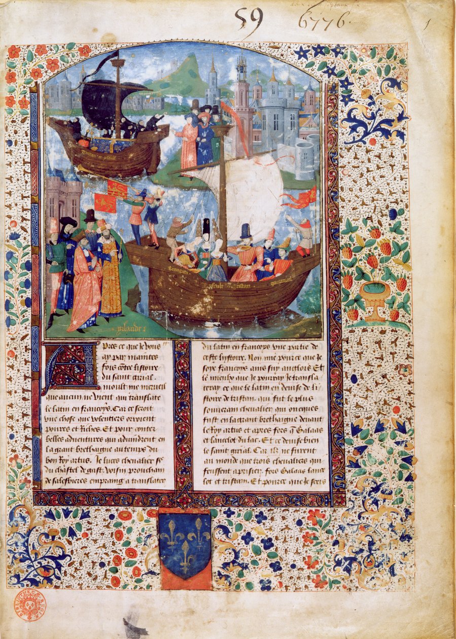 B.N.Ms. Fr 103 f.1 Tristán e Isolda dejan Irlanda; Tristán bebe la poción; los cuerpos de Tristán e Isolda son llevados a Irlanda, traducido por Luce de Gast de French School