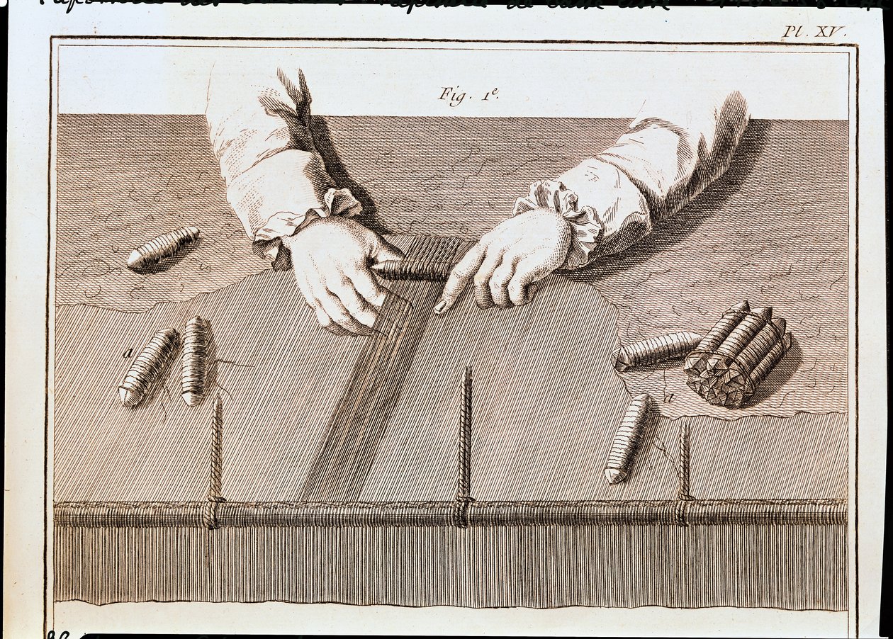 Técnica Basse-Lisse en la manufactura de tapices de Gobelins, ilustración de la Enciclopedia de Denis Diderot (1713-84) 1751-72 de French School