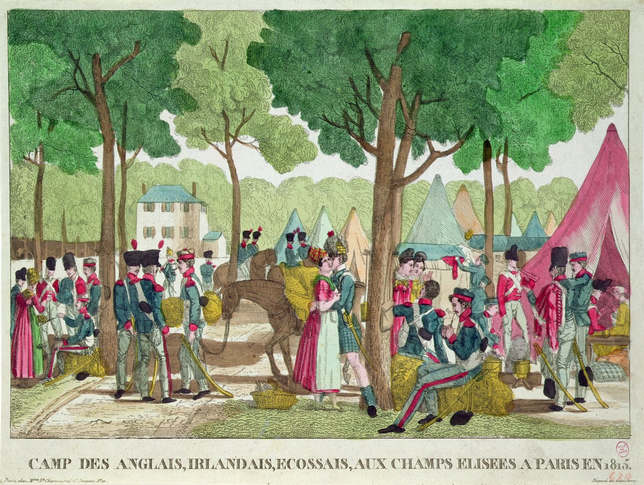 Campamento de los Soldados Ingleses, Irlandeses y Escoceses en los Campos Elíseos en 1815 de French School