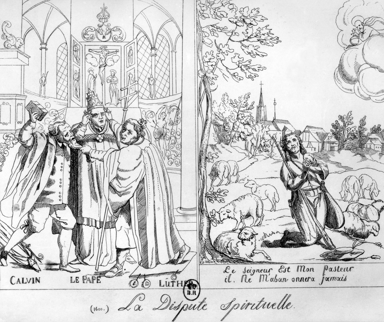 Caricatura que representa una disputa espiritual entre el Papa León X, Martín Lutero y Juan Calvino, 1838 de French School