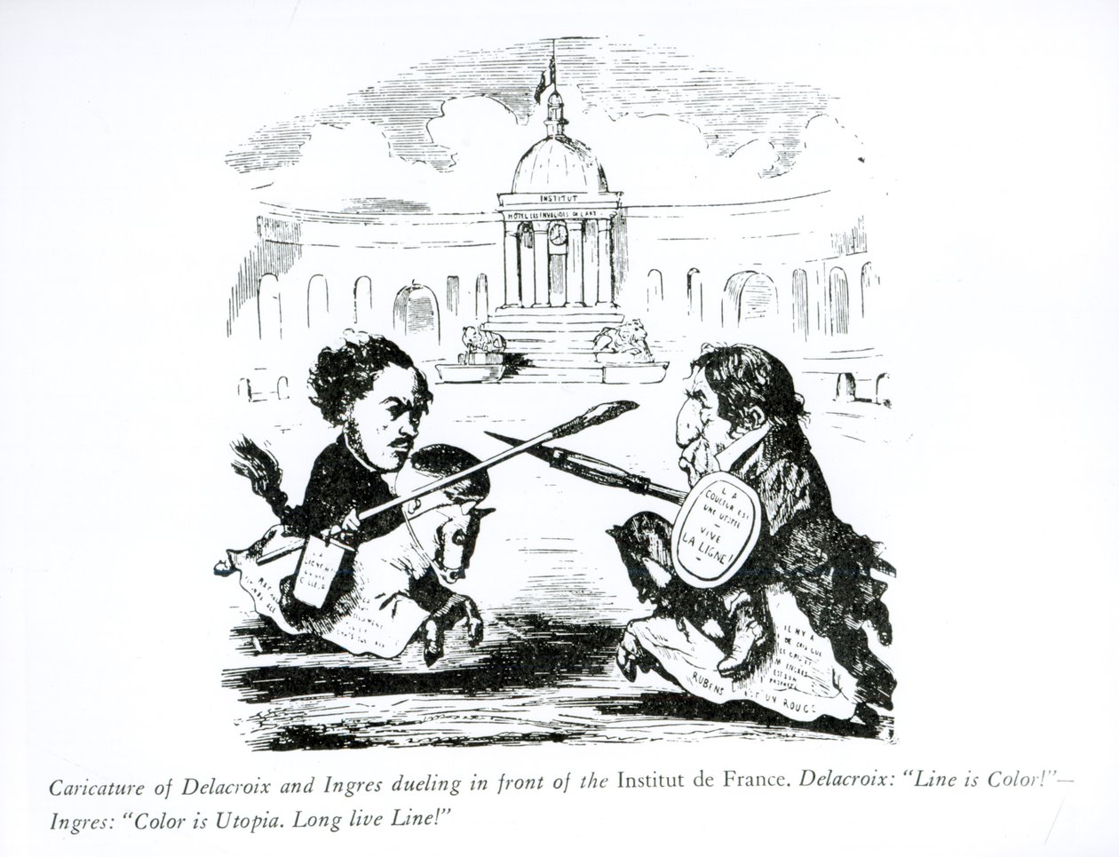 Caricatura de Delacroix e Ingres duelando frente al Instituto de Francia, c.1828 de French School