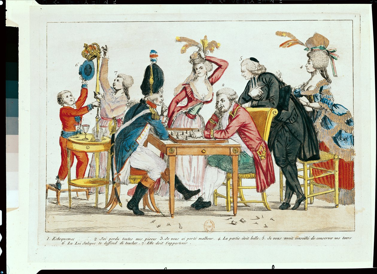 Caricatura de Luis XVI (1754-93) jugando al ajedrez con un soldado de la Guardia Nacional de French School