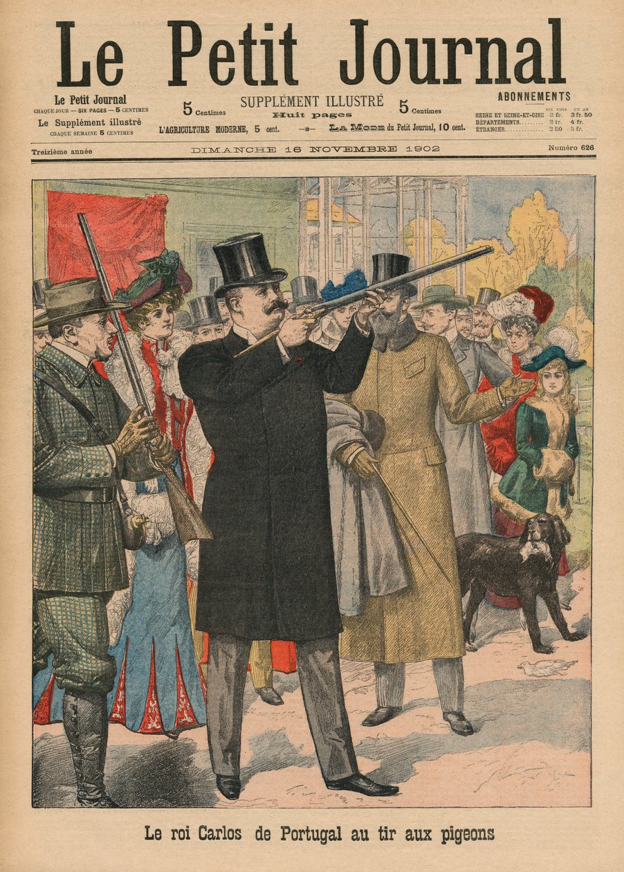 Carlos I, Rey de Portugal y los Algarves, apuntando con un rifle a las palomas, ilustración de portada de 