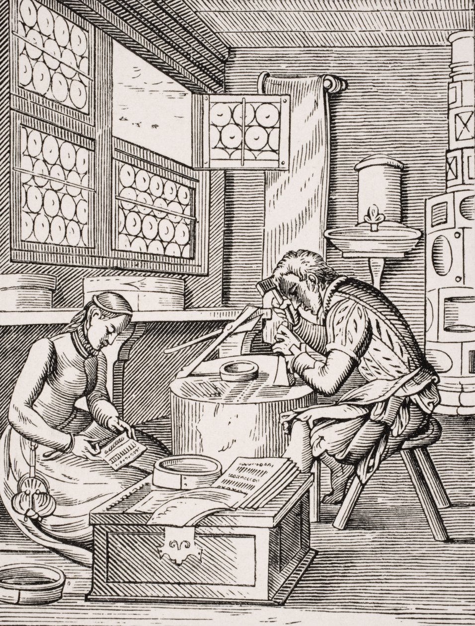 Fabricante de broches, reproducción de un grabado en madera de Jost Amman (1539-91) de 