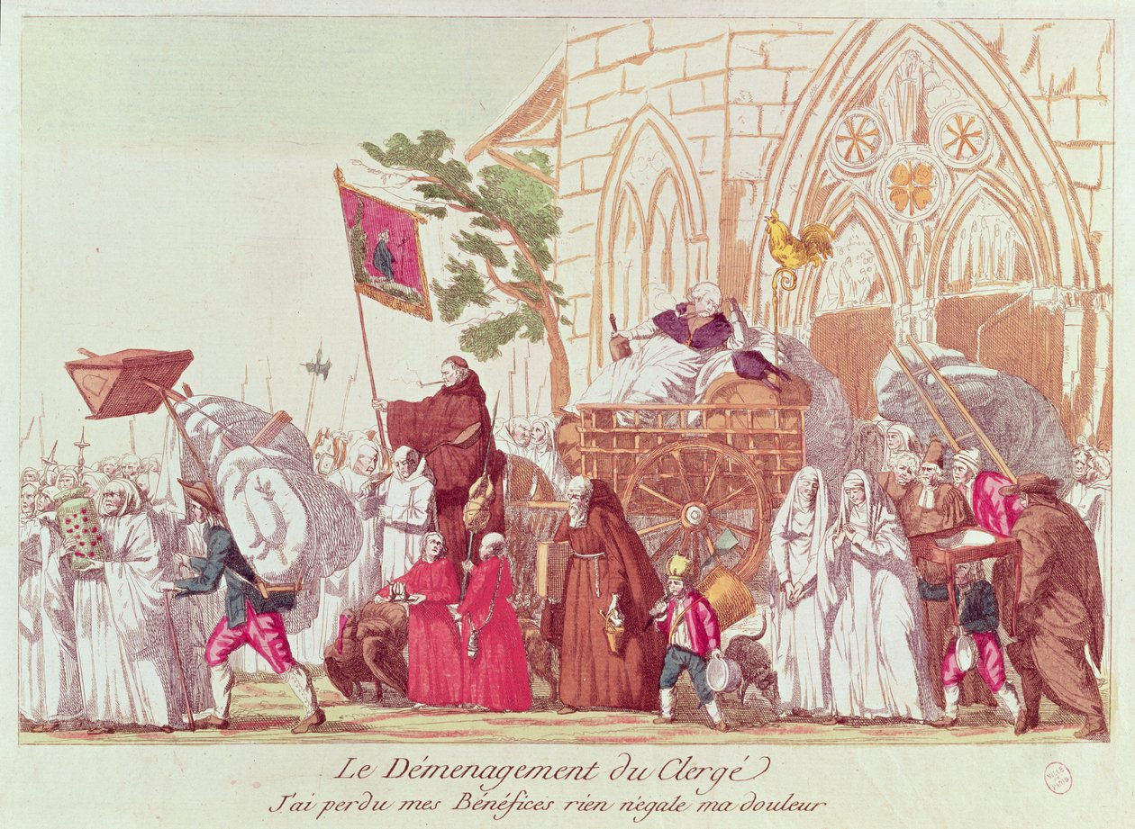 Clérigos saliendo de la iglesia después de la venta de propiedad eclesiástica de French School
