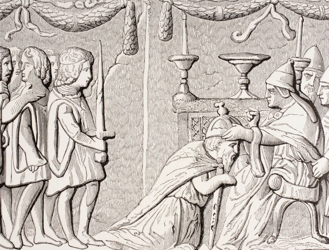 Coronación del Emperador Segismundo por el Papa Eugenio IV en 1433, después de un bajorrelieve en una puerta de San Pedro, Roma, de 