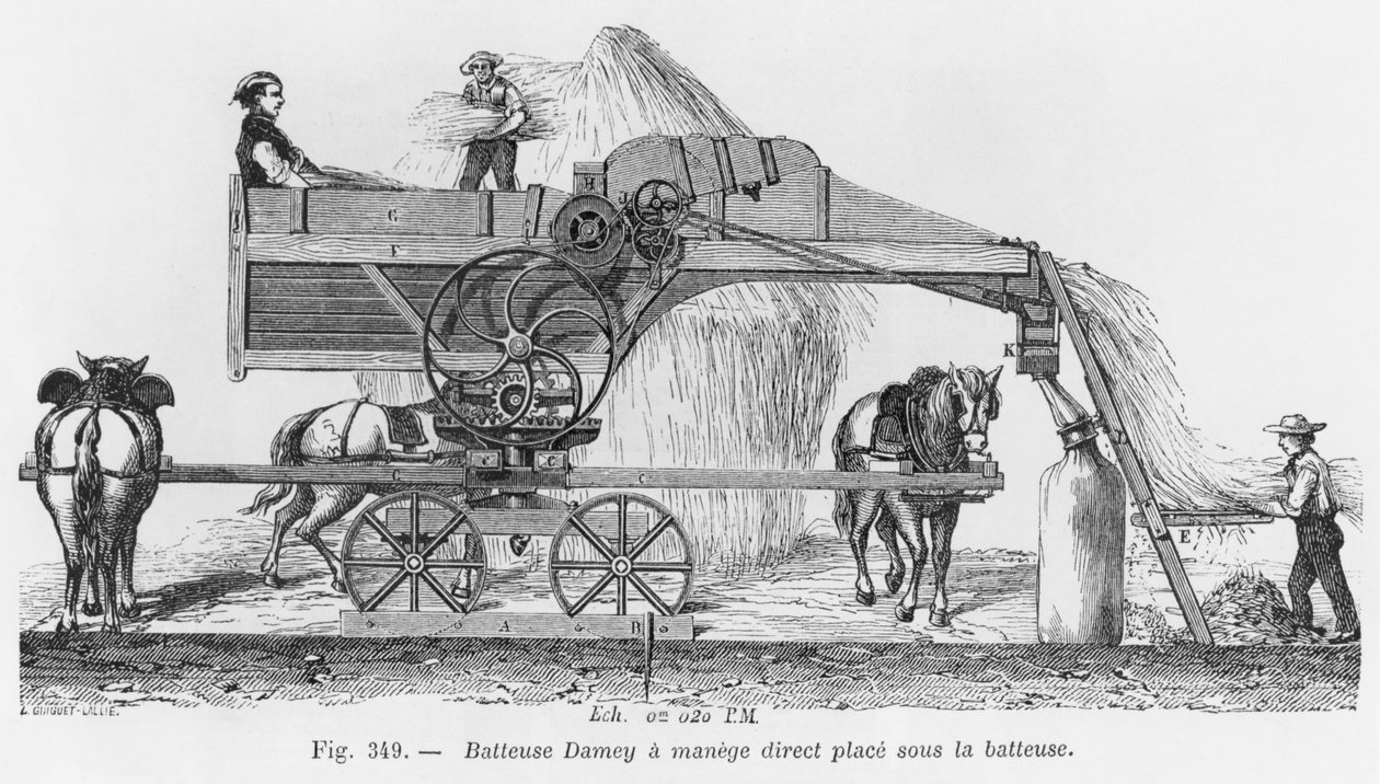 Máquina de trillar Damey con un sistema rotativo, ilustración del 