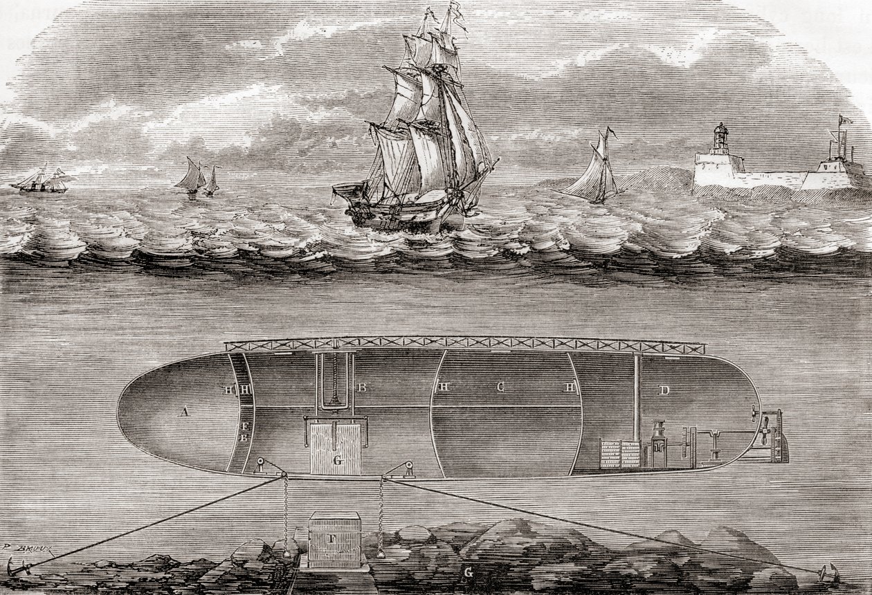 El submarino del siglo XIX de Dr. Antoine Prosper Payernes, La Belledone, construido en 1846, de Las Maravillas de la Ciencia, publicado c.1870 de French School