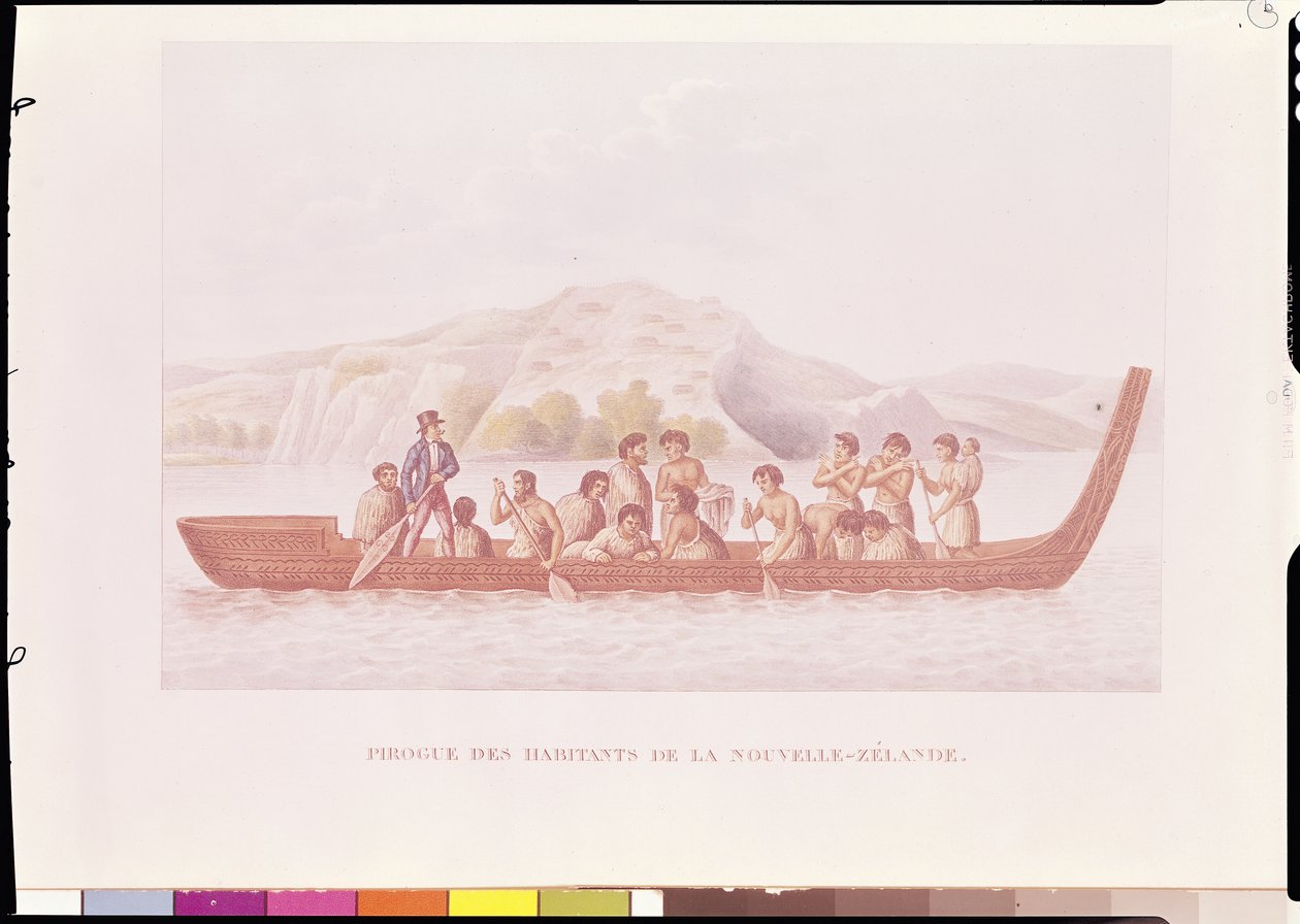 Canoa excavada pilotada por nativos de Nueva Zelanda, ilustración de 