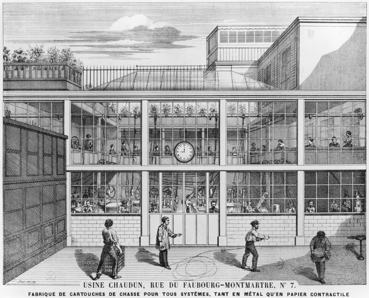 Fábrica de cartuchos de escopeta, Usine Chaudun, rue du Faubourg Montmartre 7, París, grabado por Luc (siglo XIX) de French School