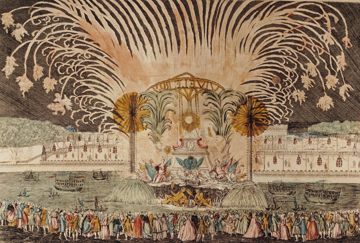 Espectáculo de fuegos artificiales en la Plaza Luis XV con motivo de la dedicación de la estatua ecuestre del rey, 20 de junio de 1763 de French School