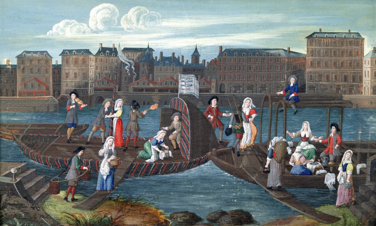 Tienda de pescado y barco lavandería en el Quai de la Megisserie, c.1670 de French School