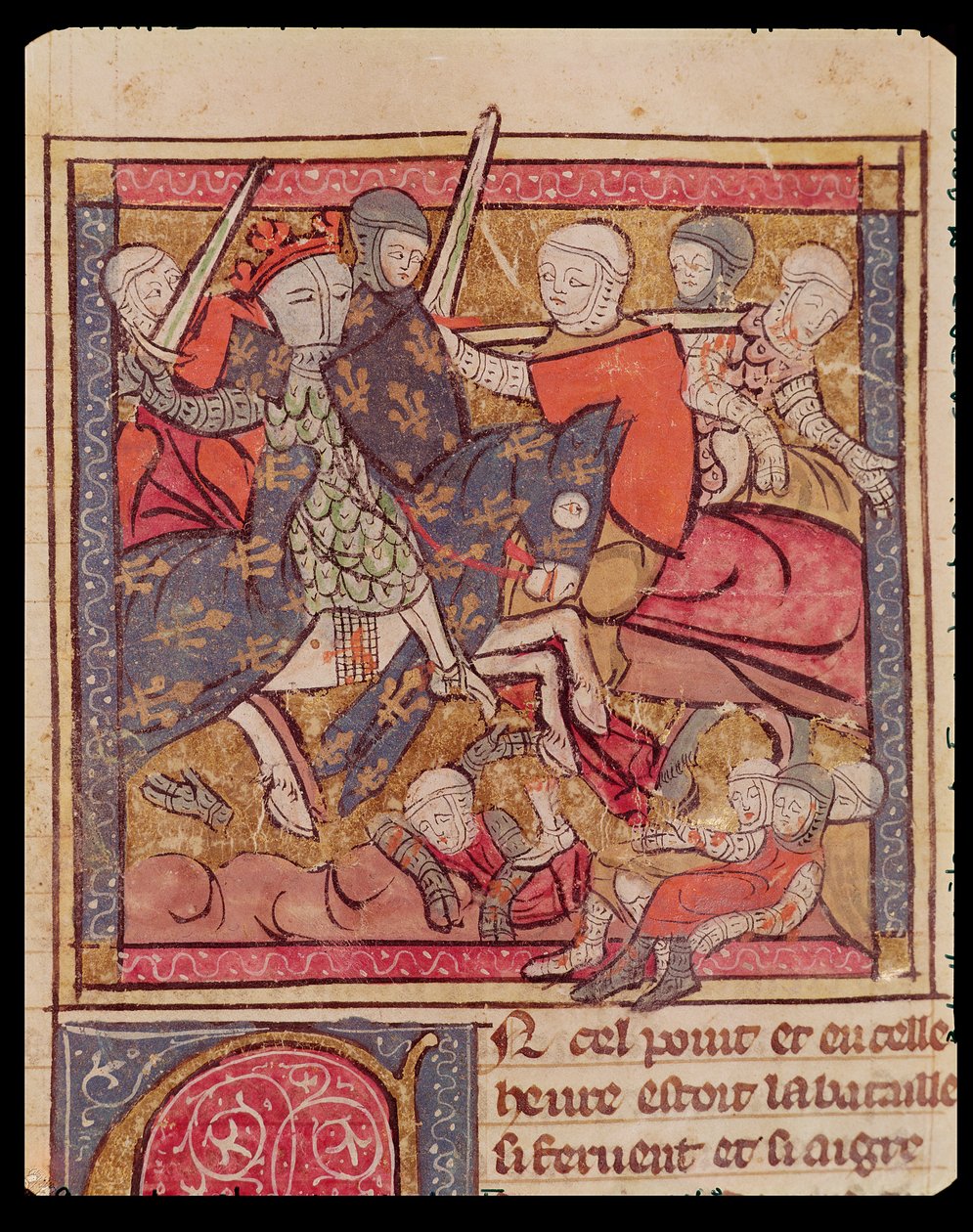 Fol.285r La captura de Fernando de Portugal (1186-1233) Conde de Flandes en la Batalla de Bouvines, 27 de julio de 1214, de las Grandes Crónicas de Francia, 1375-79 de French School