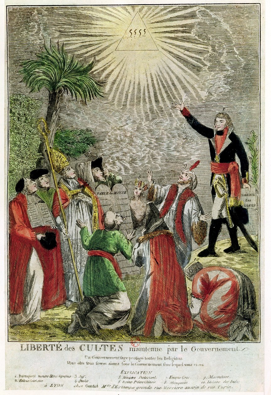 Libertad de culto durante el período del consulado de Napoleón, representando a Napoleón señalando hacia el Ser Supremo, 1799 de French School