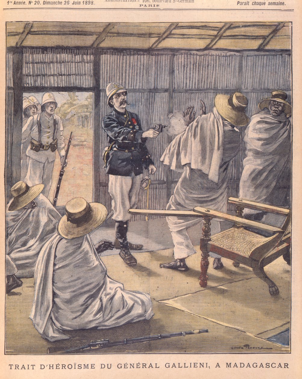 La hazaña heroica del General Gallieni en Madagascar, portada de Le Petit Journal, 26 de junio de 1898 de French School
