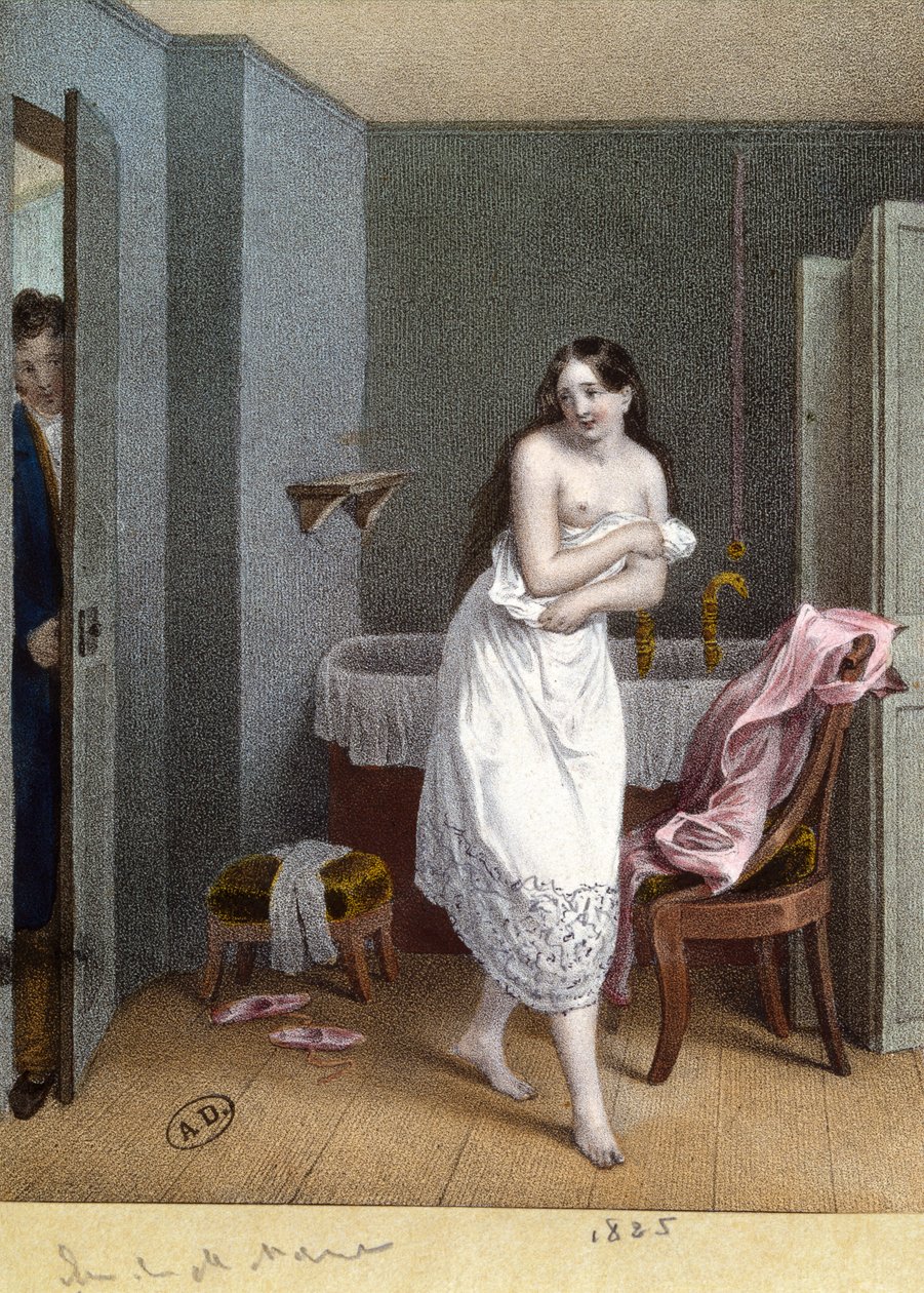 Chica en un baño y hombre abriendo la puerta, 1825 de French School