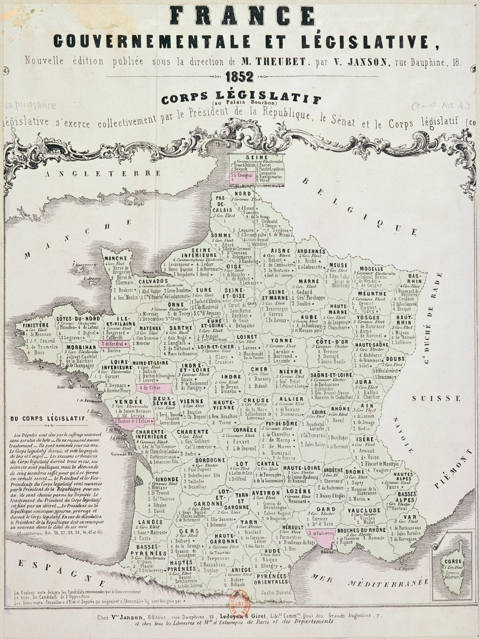 Mapa gubernamental y legislativo de Francia, impreso por Ledoyen y Giret, París, 1852 de French School