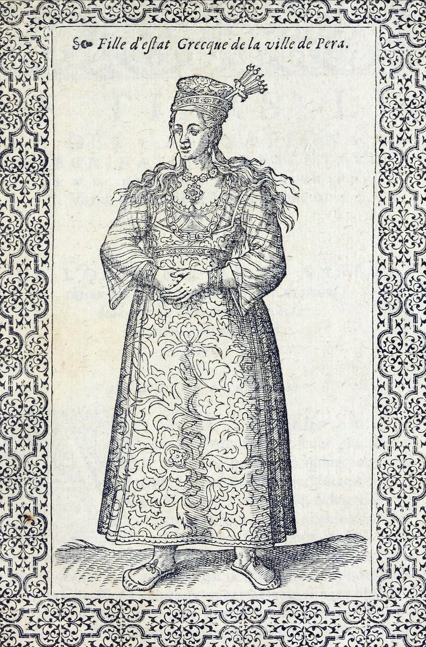 Ilustración de una niña griega de Pera, de Les navigations, peregrinations et voyages, faicts en la Turquie, por Nicolas de Nicolay, antes de 1576 de French School