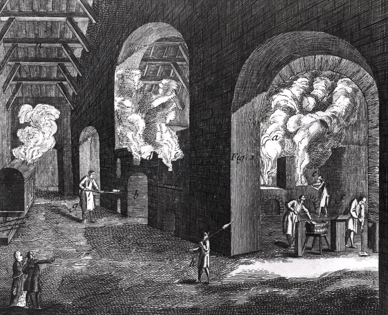 Interior de una fábrica de vidrio de French School