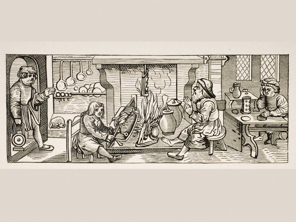 Interior de una Cocina, según una xilografía en Calendarium Romanum por Jean Staeffler, impreso en Tubinga, Alemania, 1518, de Le Moyen Age et La Renaissance por Paul Lacroix (1806-84) publicado en 1847 de French School
