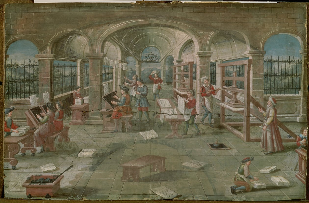 Interior de una imprenta en el siglo XVI de French School