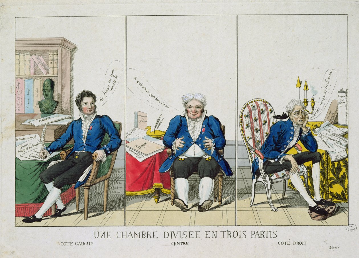 La Cámara Dividida en Tres Partes, caricatura de la Asamblea Nacional, 1819 de French School