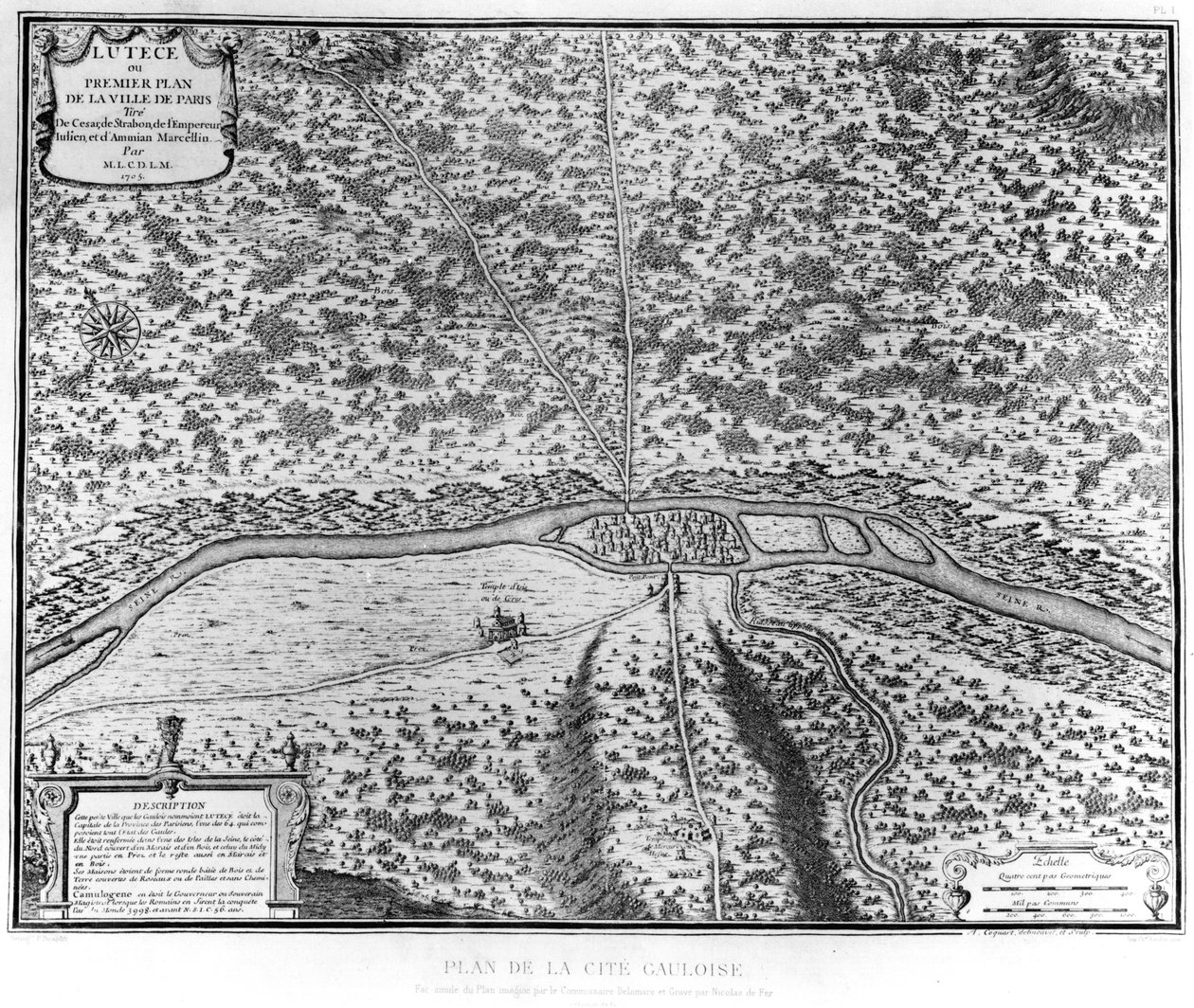 Lutetia o el primer plano de París, tomado de César, Estrabón, el emperador Juliano y Amiano Marcelino, 1705 de French School