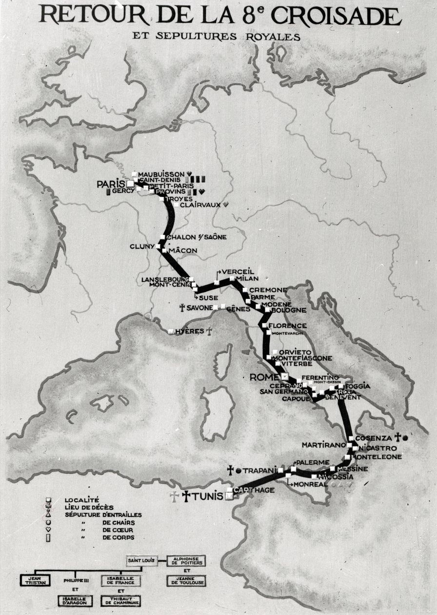 Mapa del regreso de la 8ª Cruzada en 1270 con los lugares de descanso del cuerpo de Luis IX de French School
