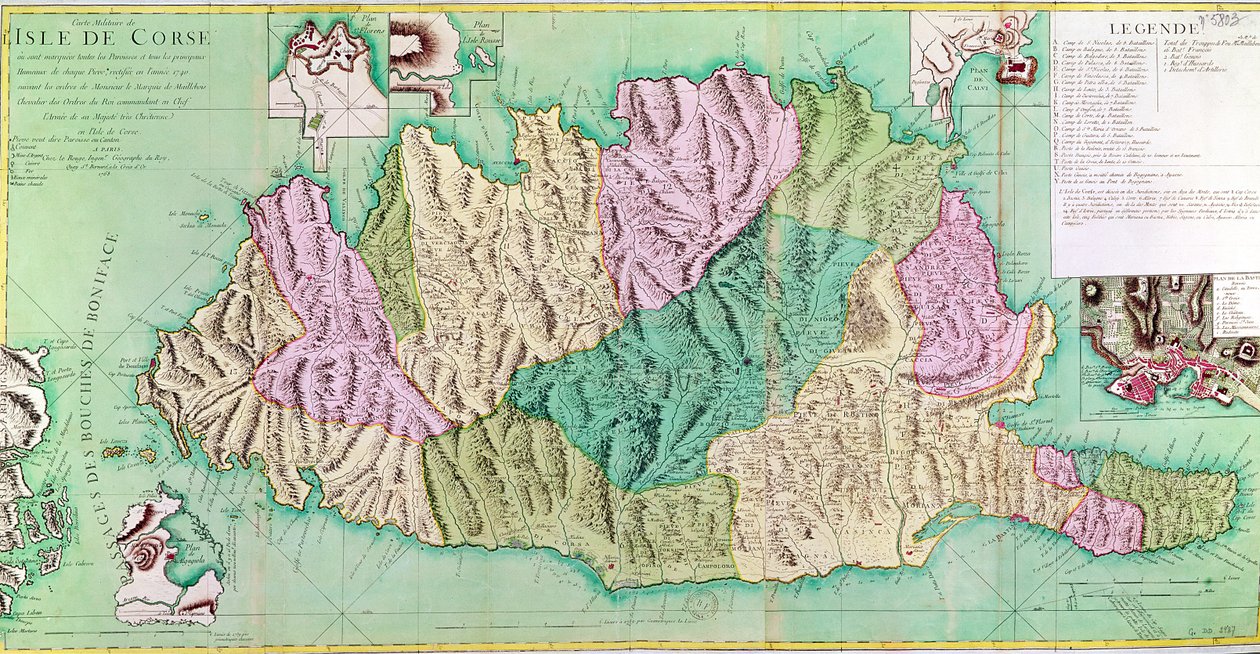Mapa Militar de Córcega, 1768 de French School