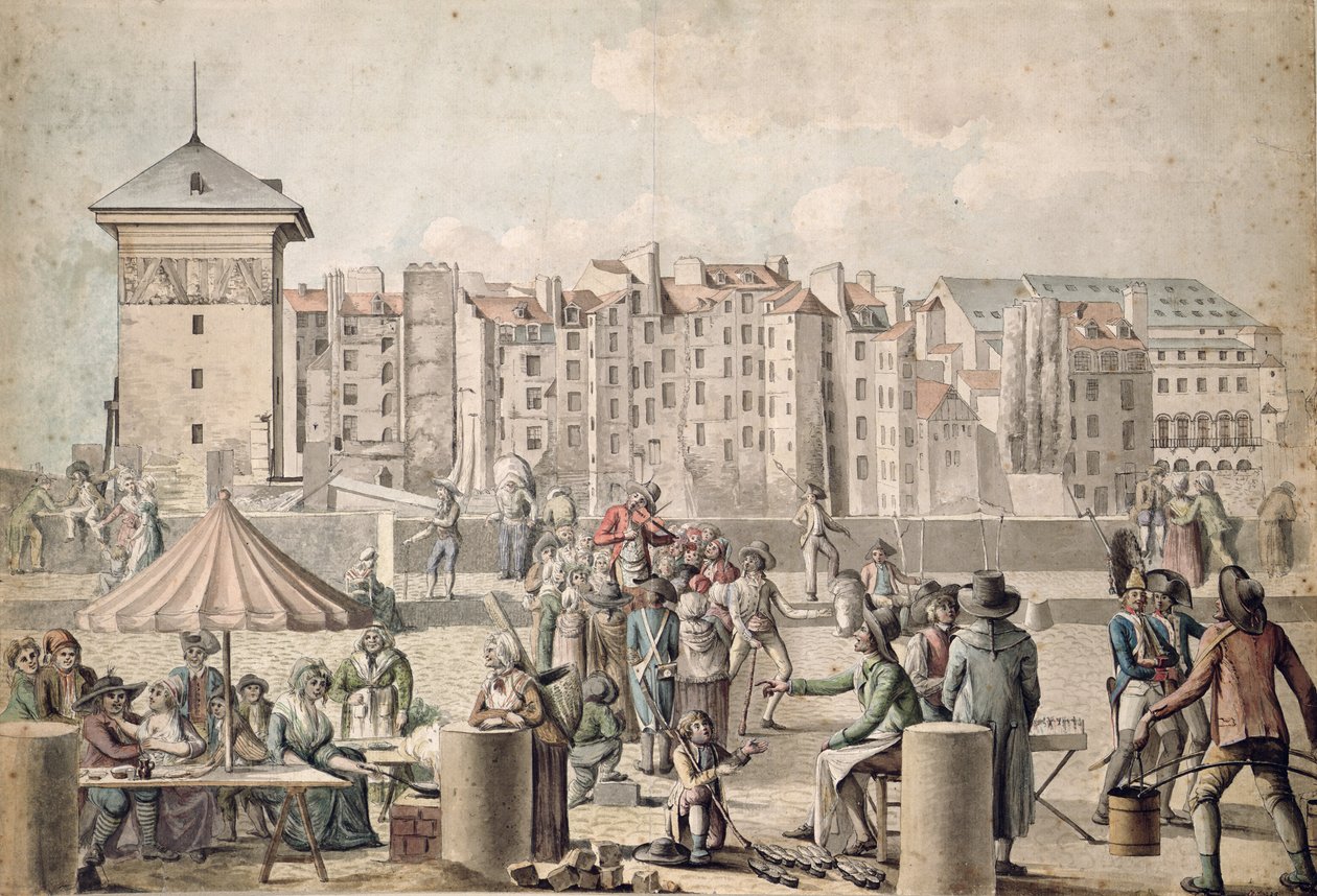 Charlatanes y Paseantes en el Pont au Change, París c.1790 de French School