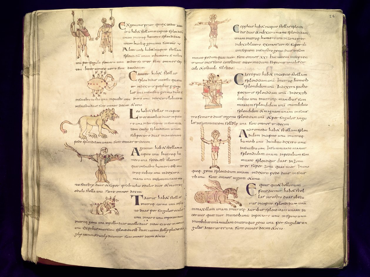 Ms 422 Fol.27v y 28r Camino de la luna a través de las constelaciones, de 