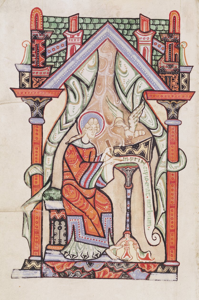 Ms 75 fol.63v San Juan Evangelista, de los Evangelios según San Mateo y San Juan, de la Abadía de San Amand de French School