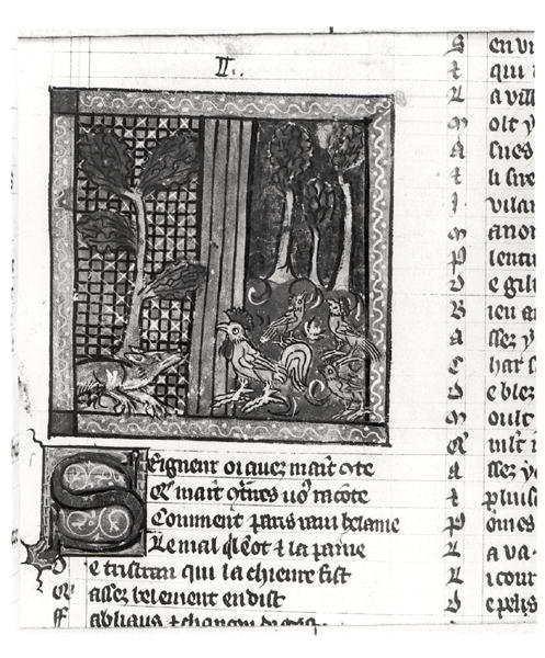 Ms Fr 1580 El zorro adulando a Chanteclerc, de Le Roman de Renart de French School