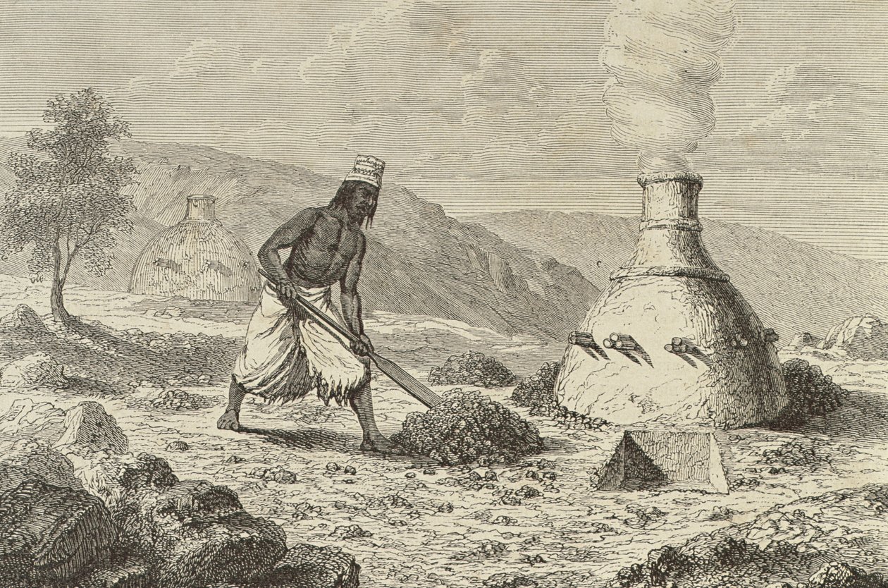 Fundición nativa de mineral de hierro en Fouta Djallon, Guinea, 1850s, de 