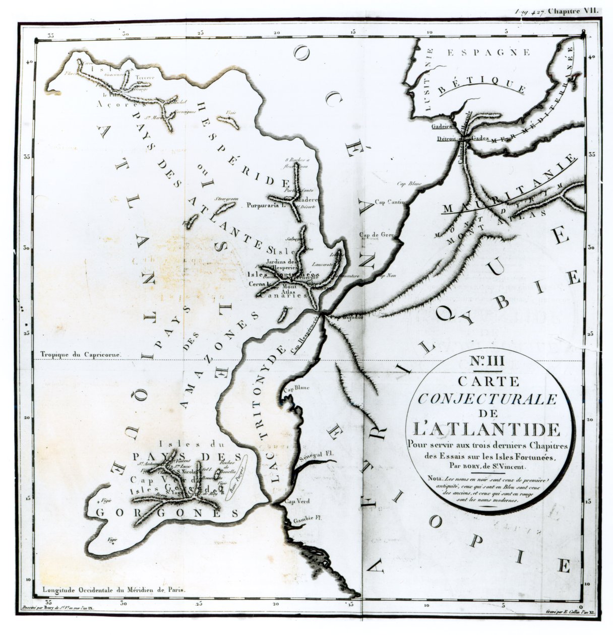 No. III Mapa conjetural de la Isla de la Atlántida, dibujado por Bory de St-Vincent y grabado por E. Collin de French School