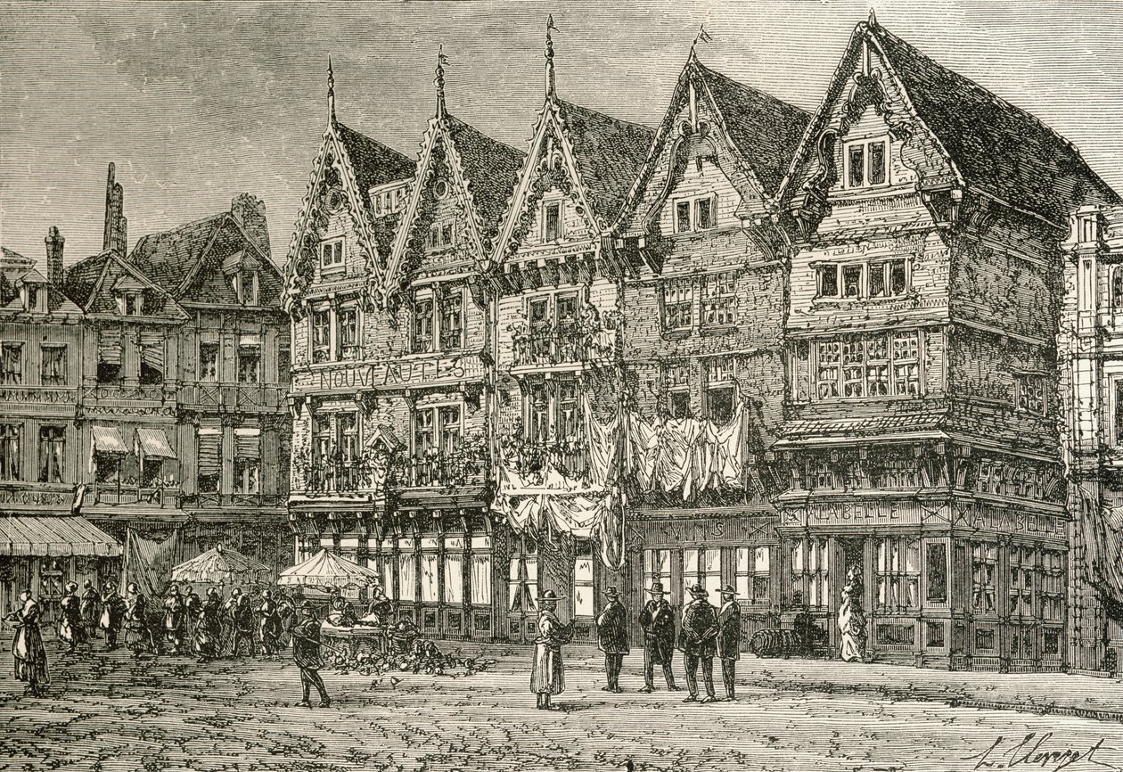 Casas antiguas en Valenciennes, Francia, en el siglo XIX, de 