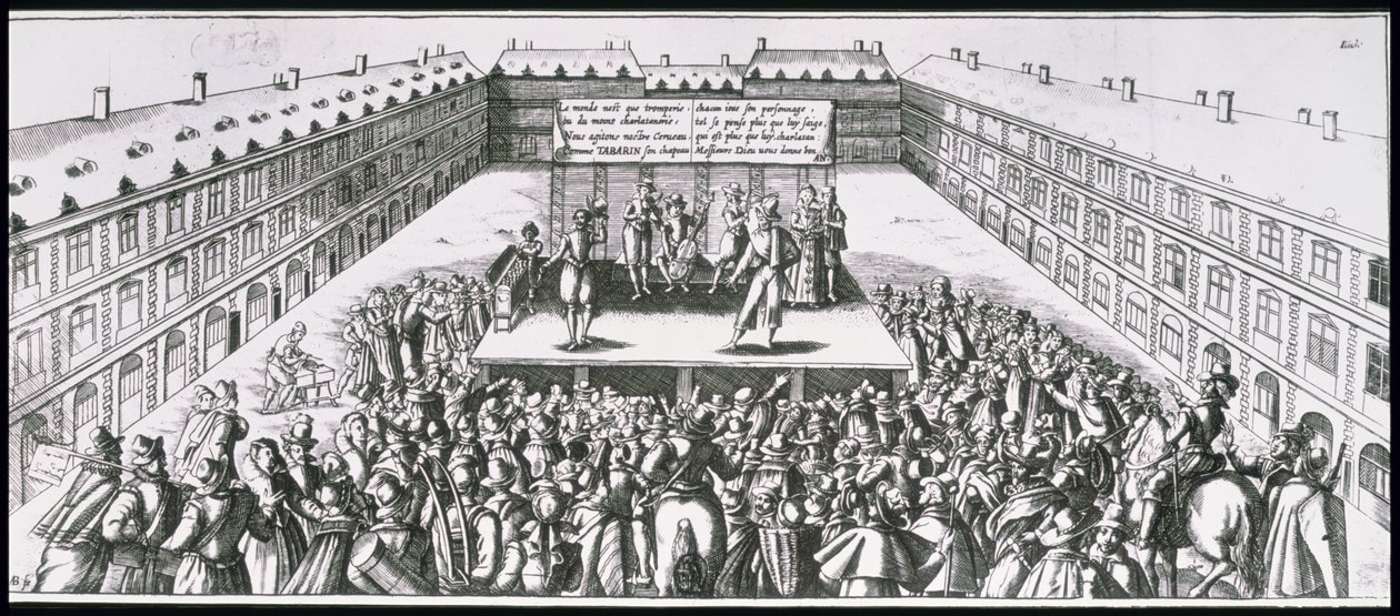 Representación teatral al aire libre con Antoine Firard (1584-1633), conocido como Tabarin, en el escenario de French School
