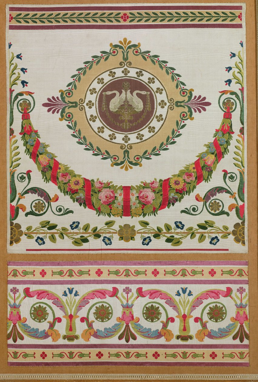 Panel de seda con una guirnalda de flores y cisnes de Pernon, Lyon (seda) de French School