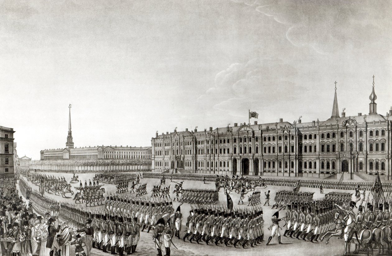 Desfile frente al Palacio Imperial, San Petersburgo, 1812 de French School