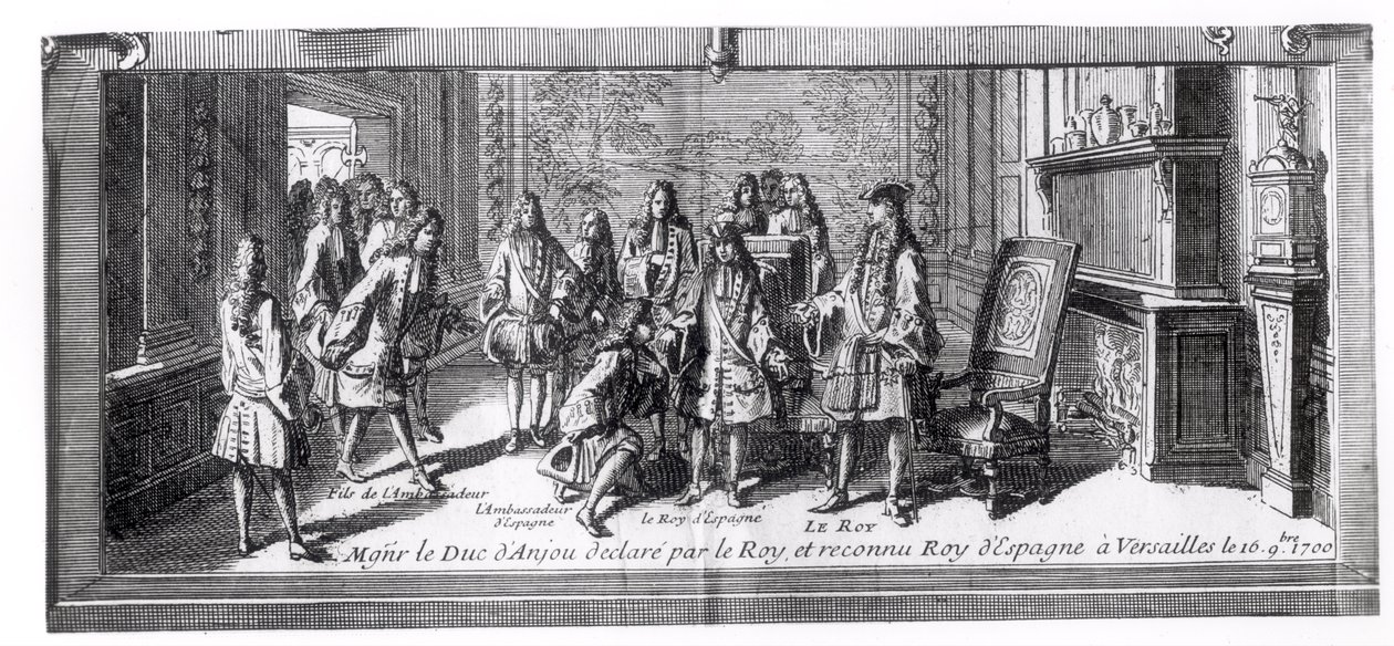 Felipe de Francia (1683-1746) Duque de Anjou, reconocido como Rey de España por Luis XIV (1638-1715) Rey de Francia, 16 de septiembre de 1700, en Versalles de French School