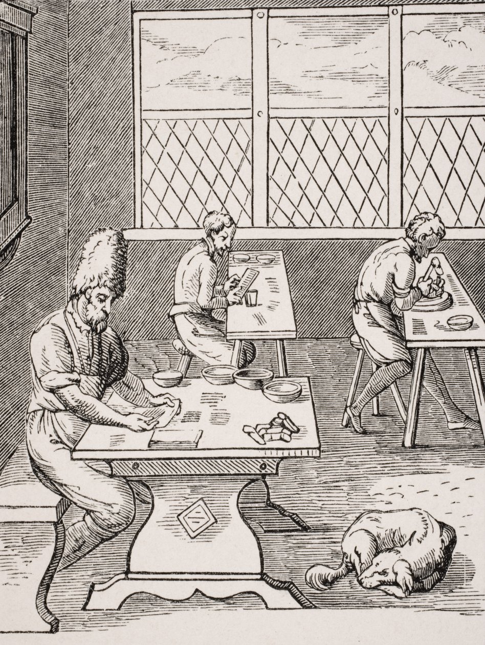 Fabricante de alfileres y agujas, reproducción de un grabado en madera de Jost Amman (1539-91) de 