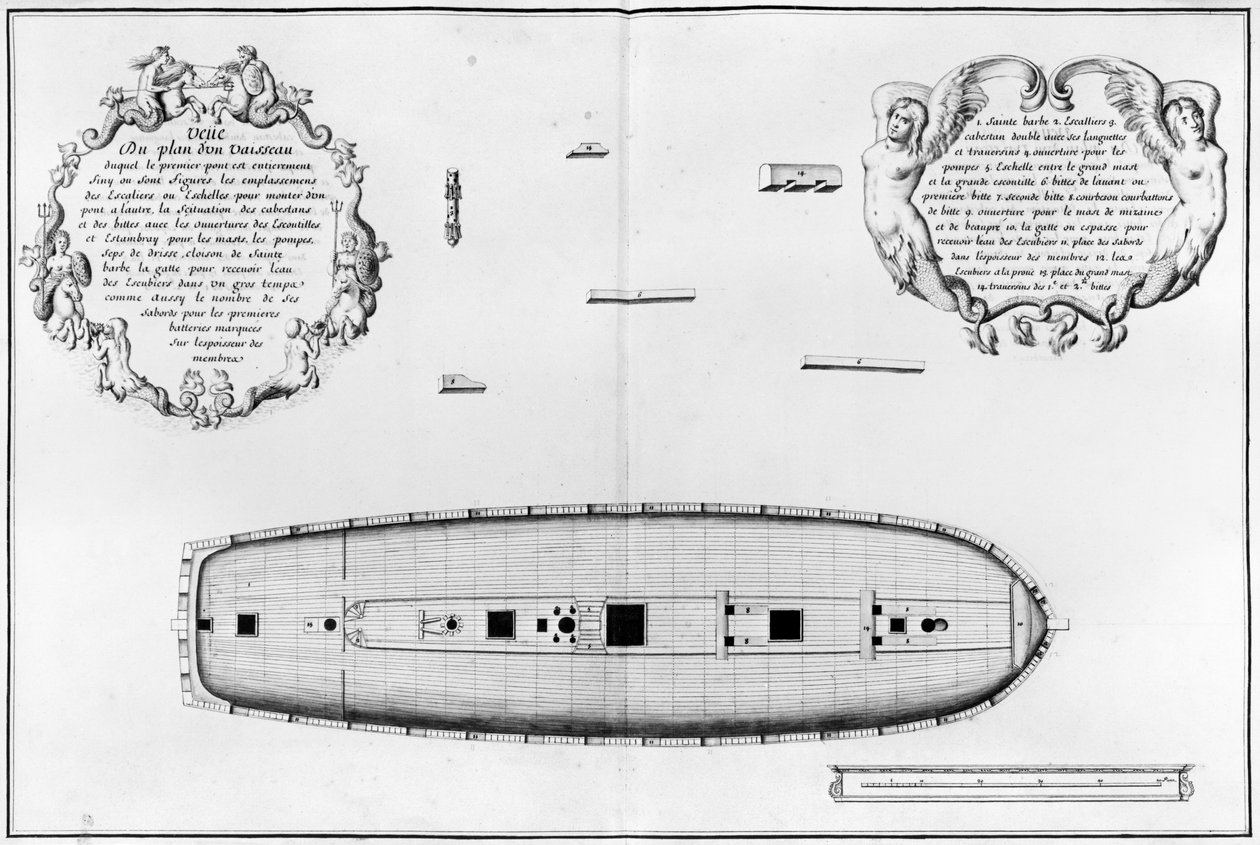 Plano de un barco con una primera cubierta completa, ilustración del 