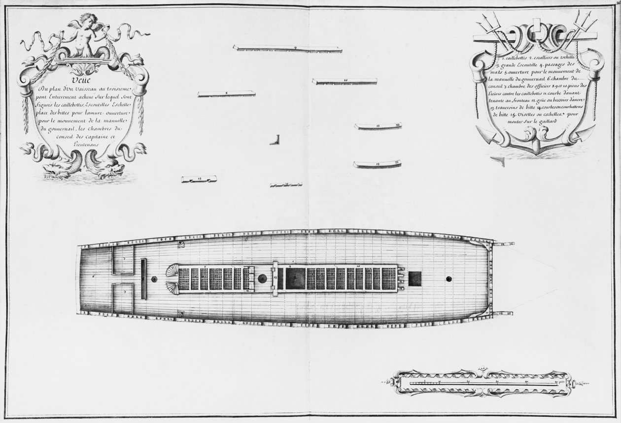 Plano de un barco con una tercera cubierta completamente terminada, ilustración del 