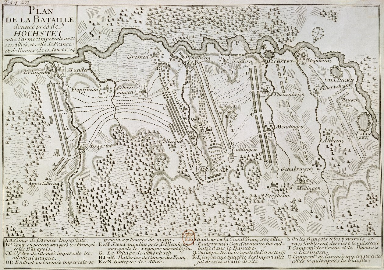 Plano de la Batalla de Blenheim entre el Ejército Imperial y el Ejército Franco-Bávaro, 13 de agosto de 1704 de French School