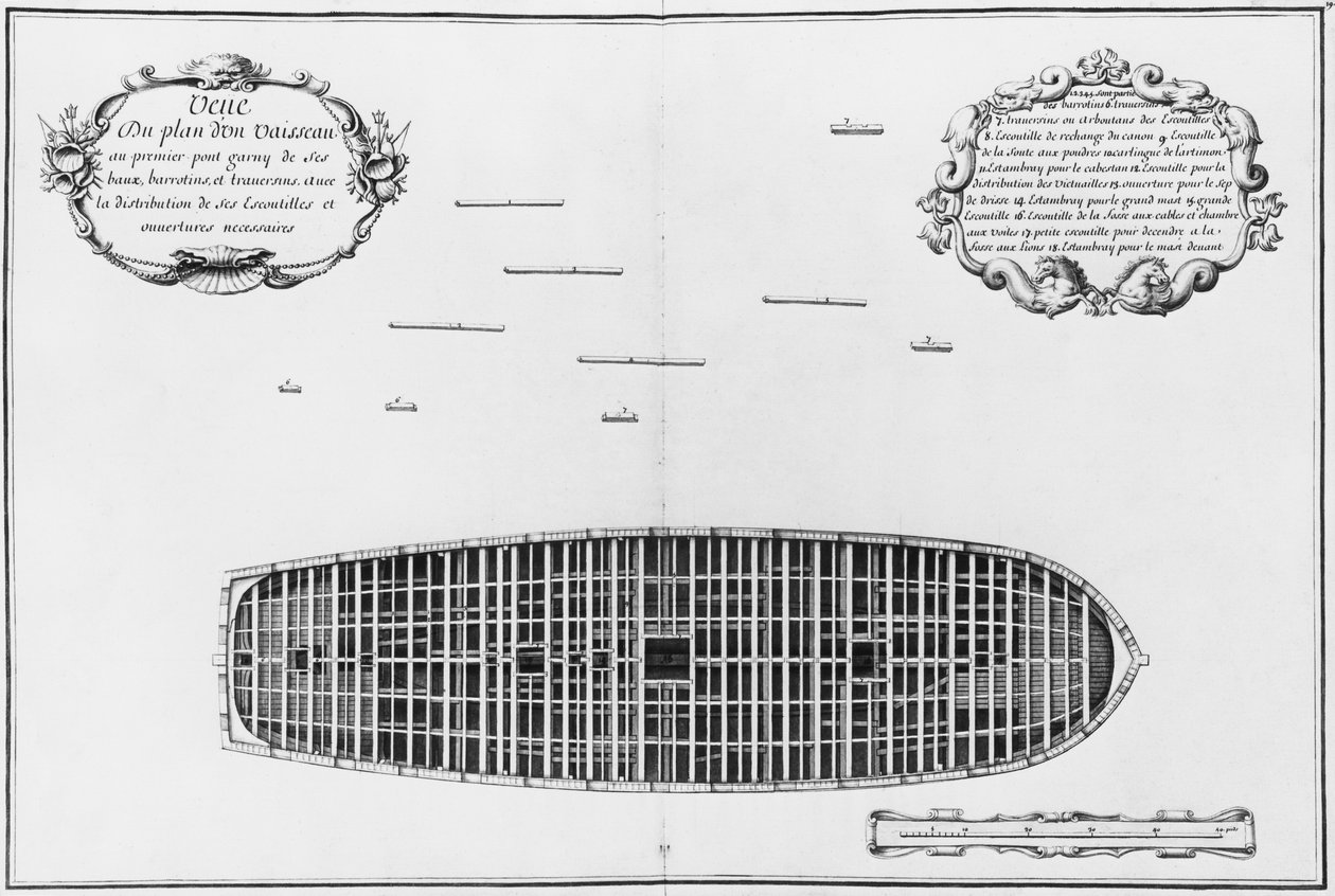 Plano de la primera cubierta de un barco, ilustración del 