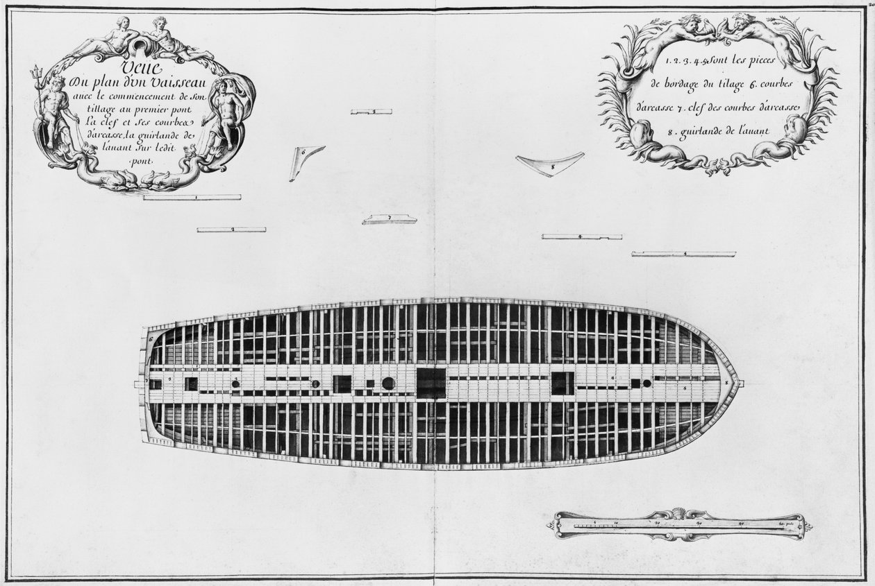 Plano de la primera cubierta de un barco, ilustración del 