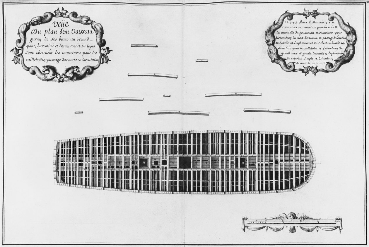 Plano de la segunda cubierta de un barco, ilustración del 