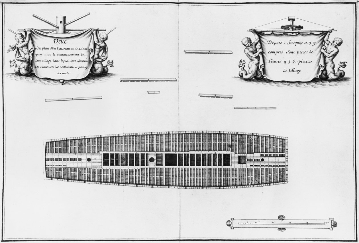 Plano de la tercera cubierta de un barco, ilustración del 