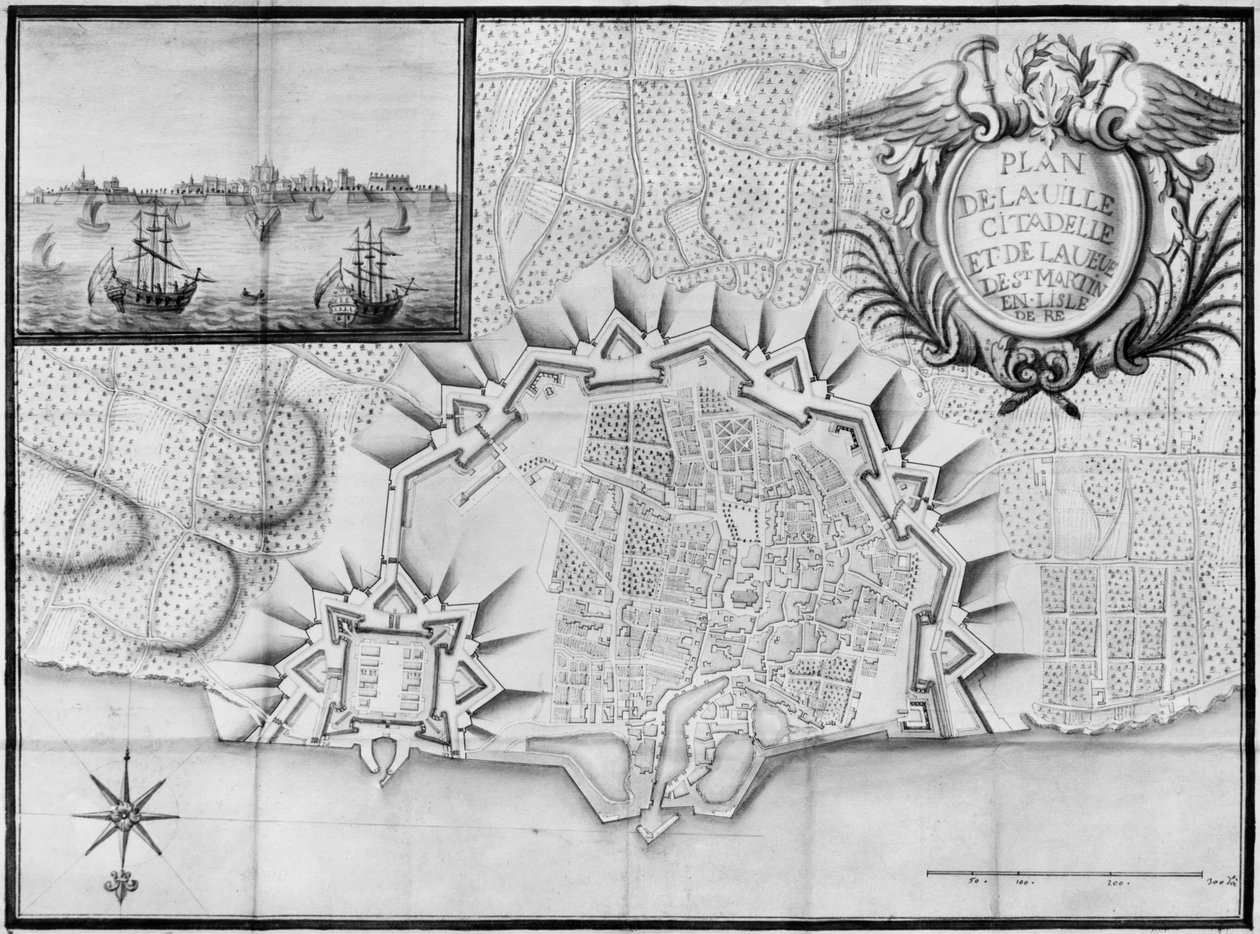Plano de la ciudad y la ciudadela de Saint-Martin-de-Re, Ile de Re (lápiz y acuarela sobre papel) de French School