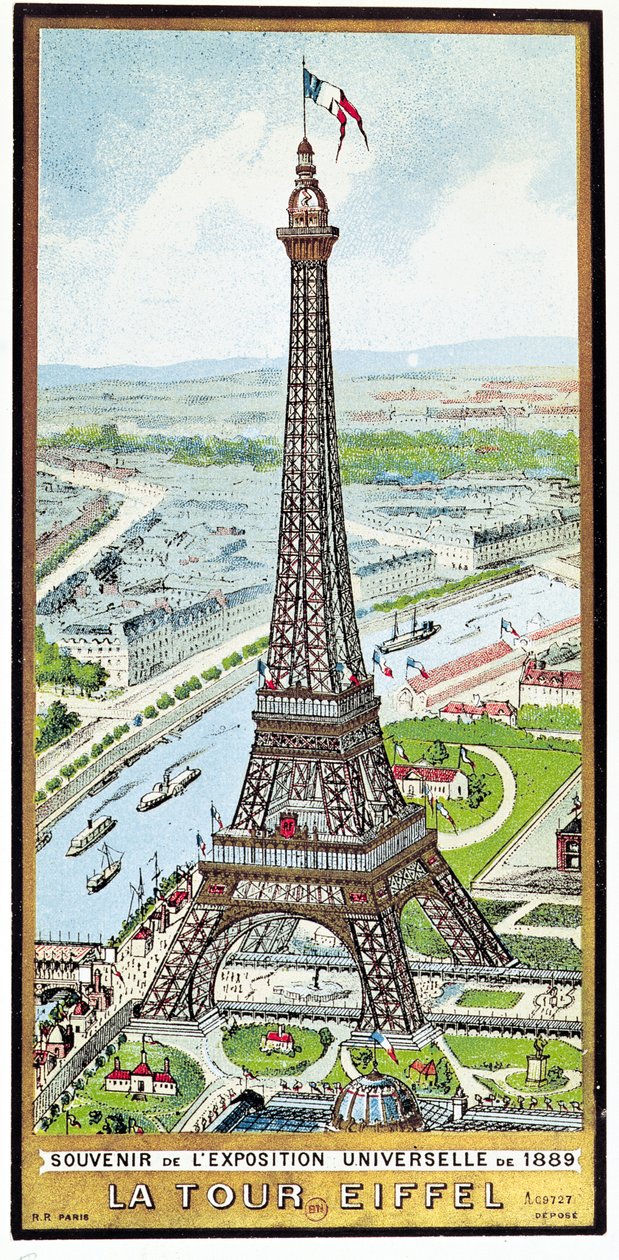 Postal que representa la Torre Eiffel en la Exposición Universal, 1889 de French School